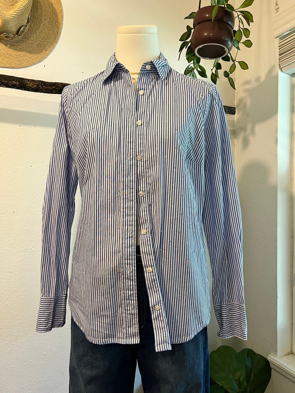 J.Crew Blue White Stripe Crystal Polka Dot Long Sleeve Blouse Shirt Size 4 Slim